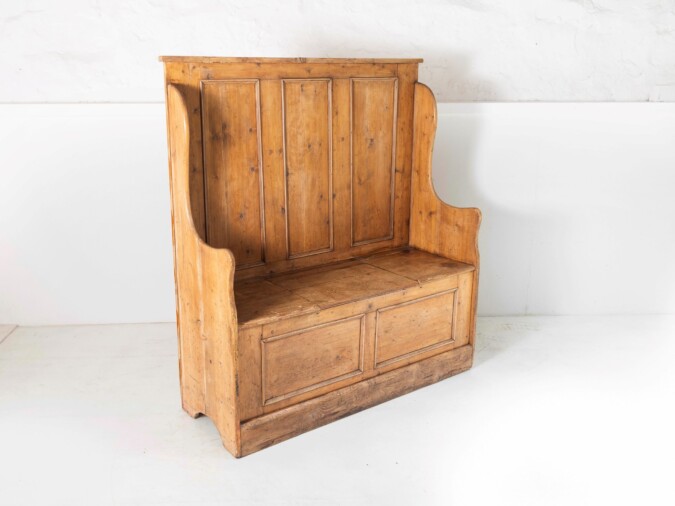 An Original West Country High Back Pine Box Settle Seating Bench with Storage