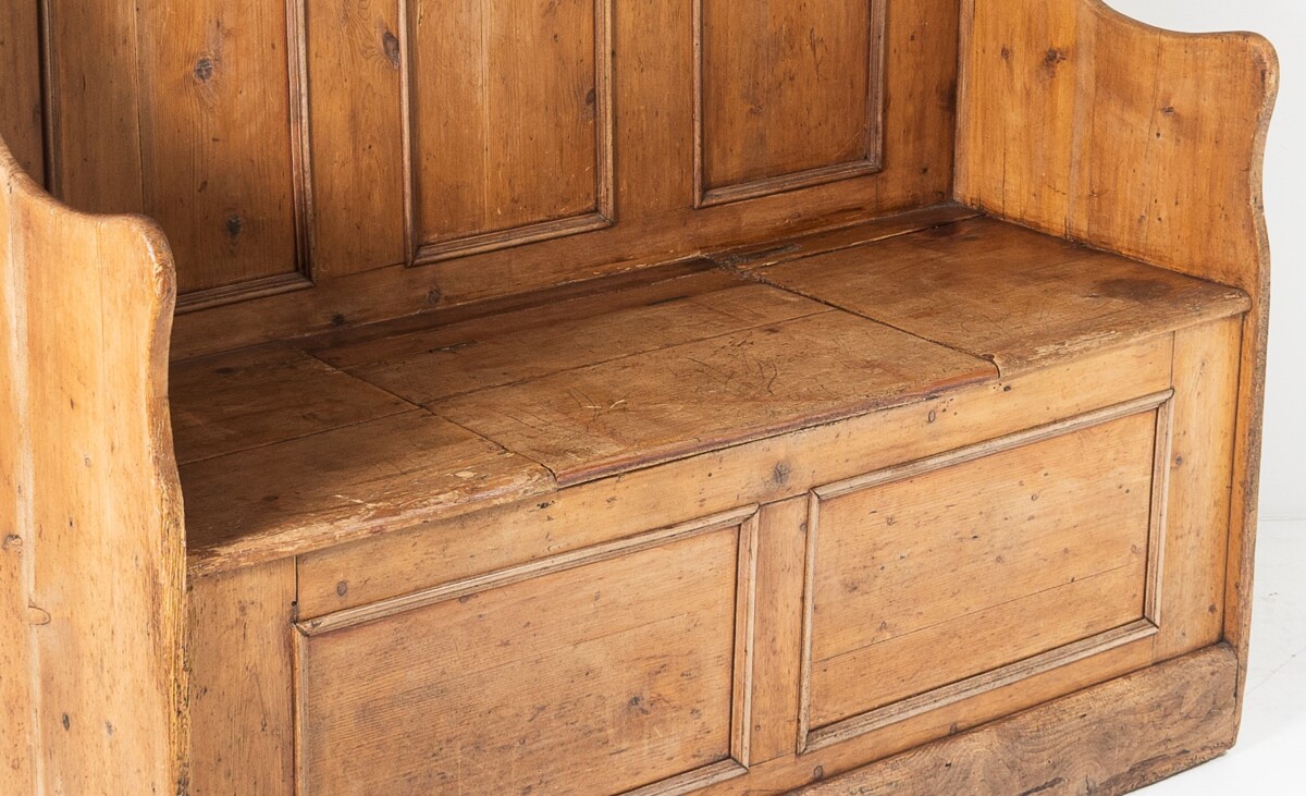 An Original West Country High Back Pine Box Settle Seating Bench with Storage - Image 10