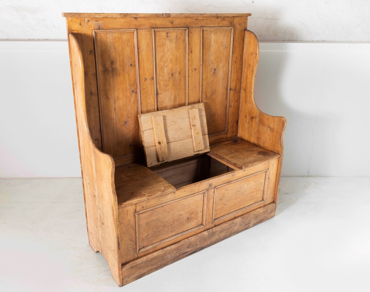 An Original West Country High Back Pine Box Settle Seating Bench with Storage - Image 3