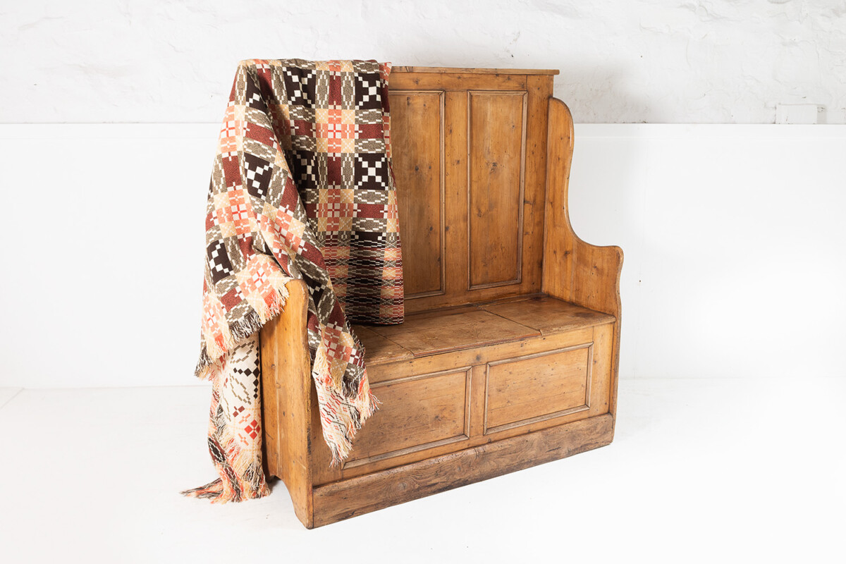 An Original West Country High Back Pine Box Settle Seating Bench with Storage - Image 14