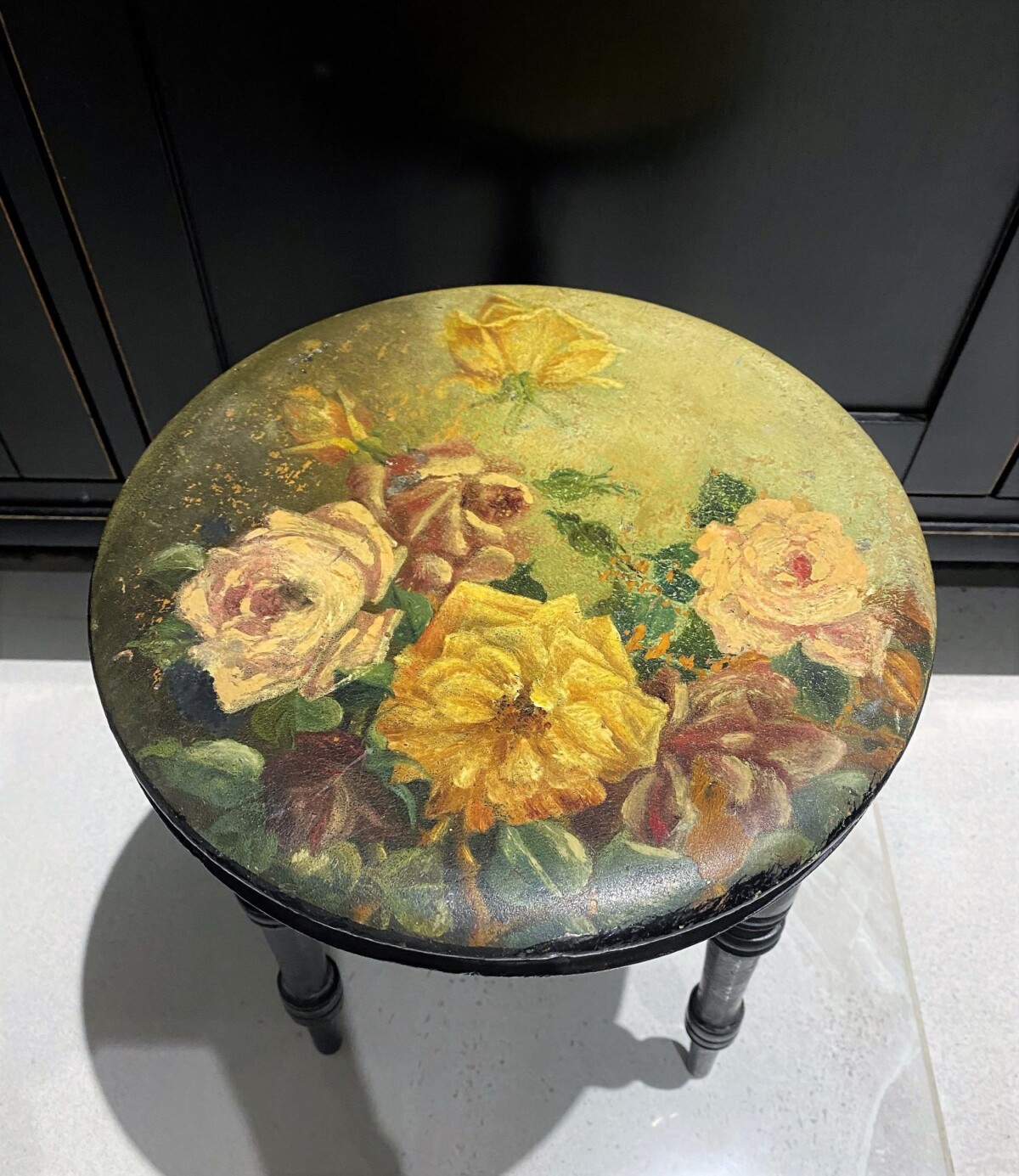 SMALL FLORAL PAINTED EBONISED VICTORIAN STOOL