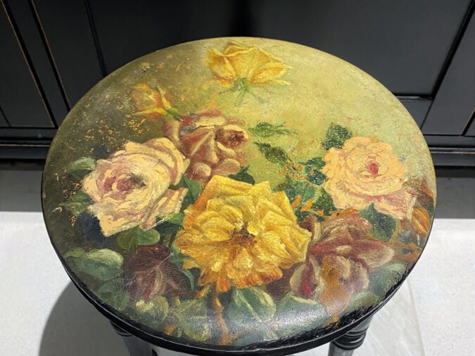 SMALL FLORAL PAINTED EBONISED VICTORIAN STOOL