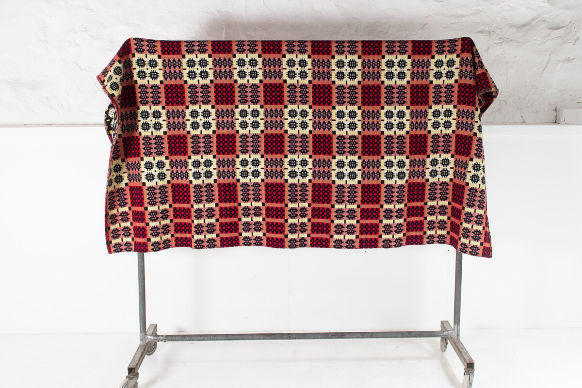 1960s Vintage Welsh Pure Wool Tapestry Blanket - Reds, Yellow and Black
