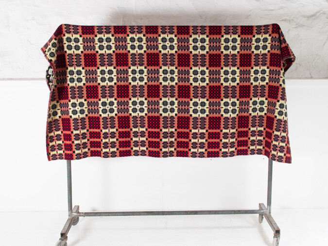 1960s Vintage Welsh Pure Wool Tapestry Blanket - Reds, Yellow and Black