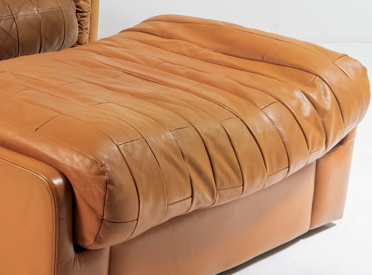 Mid Century 1970s Vintage Patchwork Tan Leather Armchair and Footstool by Gimson & Slater England - Image 4