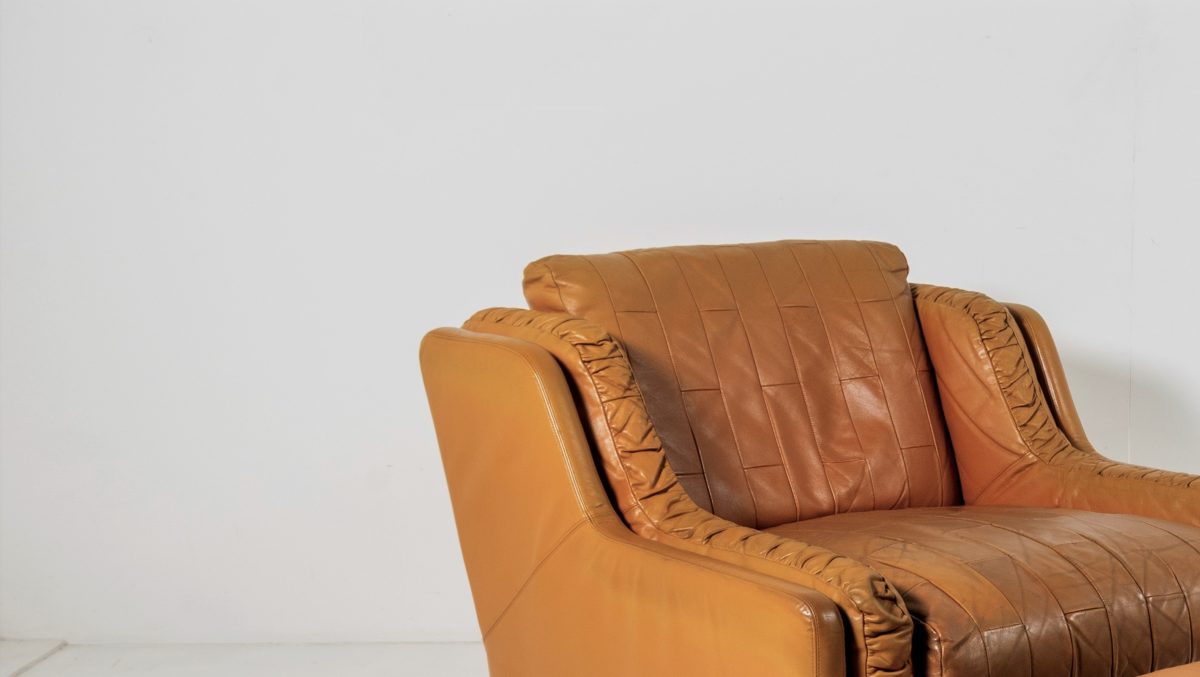 Mid Century 1970s Vintage Patchwork Tan Leather Armchair and Footstool by Gimson & Slater England - Image 3