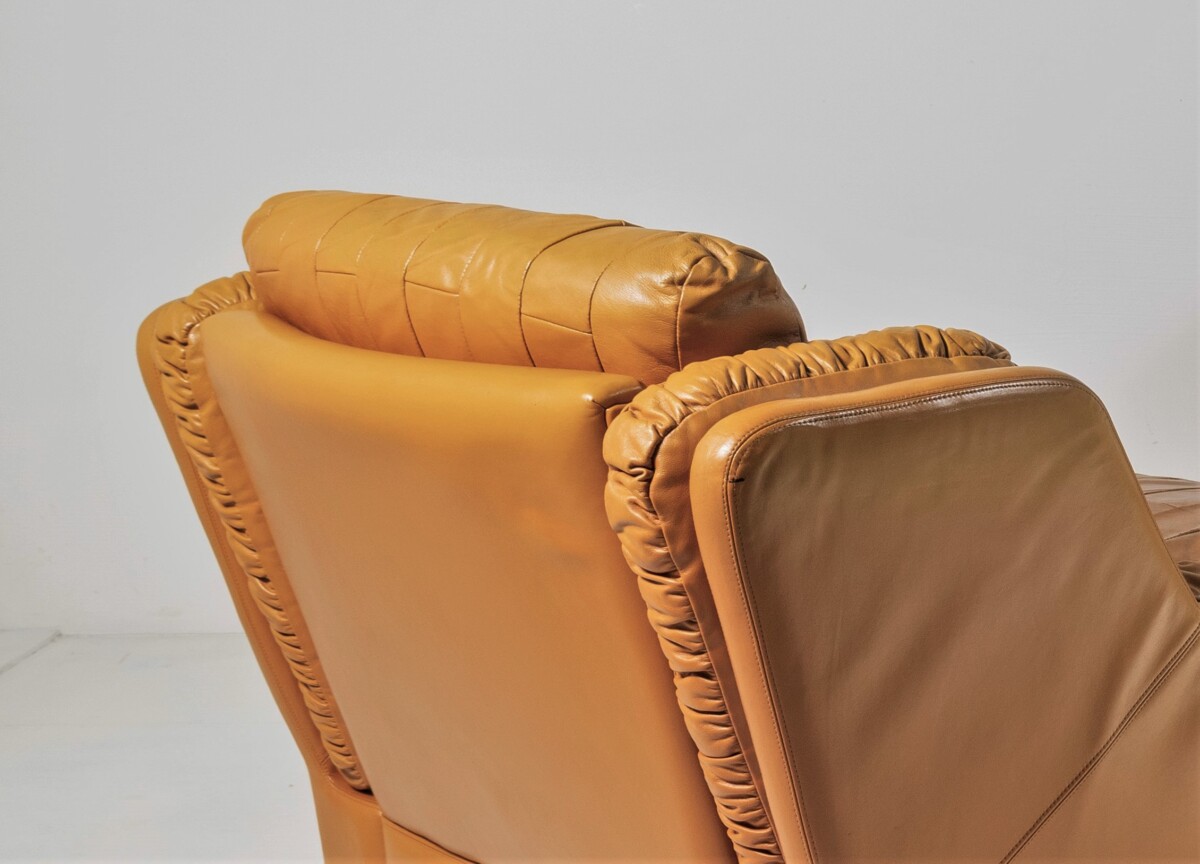 Mid Century 1970s Vintage Patchwork Tan Leather Armchair and Footstool by Gimson & Slater England - Image 2