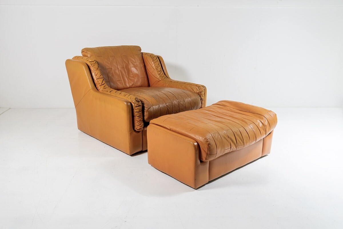 Mid Century 1970s Vintage Patchwork Tan Leather Armchair and Footstool by Gimson & Slater England