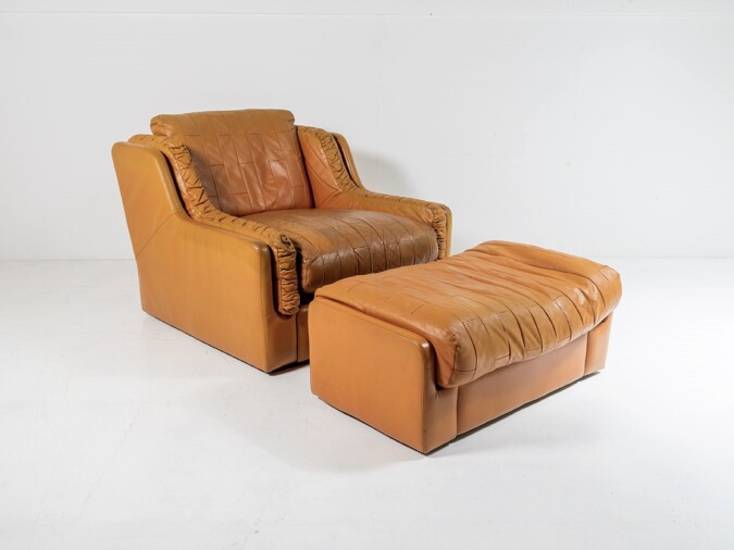 Mid Century 1970s Vintage Patchwork Tan Leather Armchair and Footstool by Gimson & Slater England