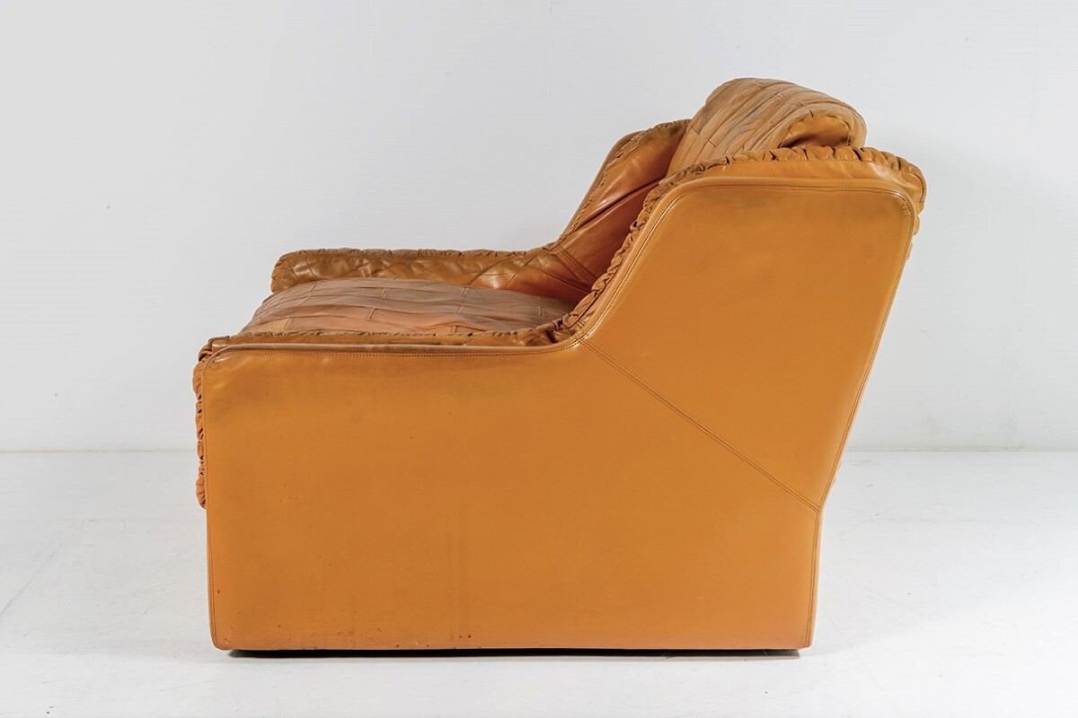 Mid Century 1970s Vintage Patchwork Tan Leather Armchair and Footstool by Gimson & Slater England - Image 11
