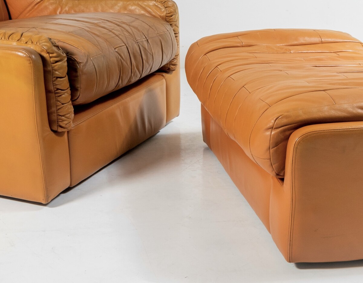 Mid Century 1970s Vintage Patchwork Tan Leather Armchair and Footstool by Gimson & Slater England - Image 6