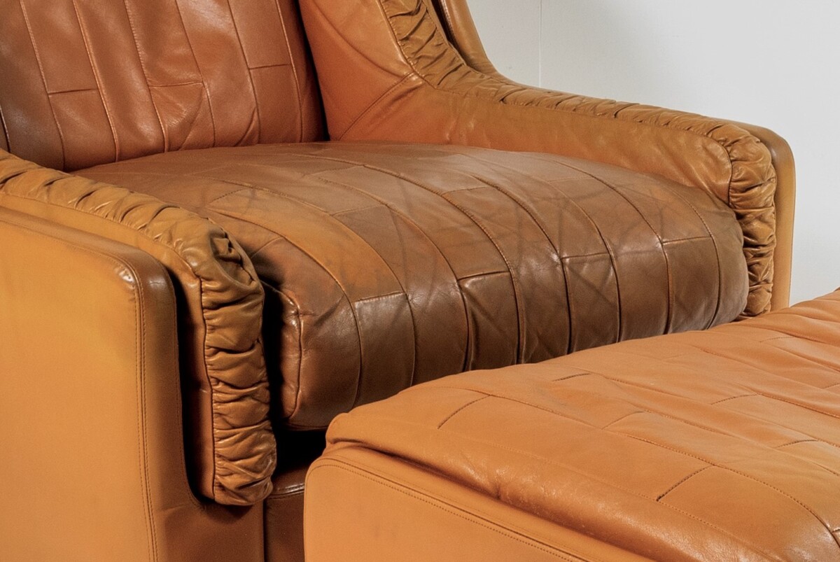 Mid Century 1970s Vintage Patchwork Tan Leather Armchair and Footstool by Gimson & Slater England - Image 5