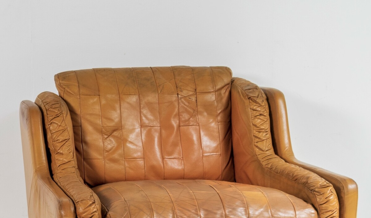 1970s Mid Century Vintage Patchwork Tan Leather Club Armchair by Gimson & Slater England - Image 5