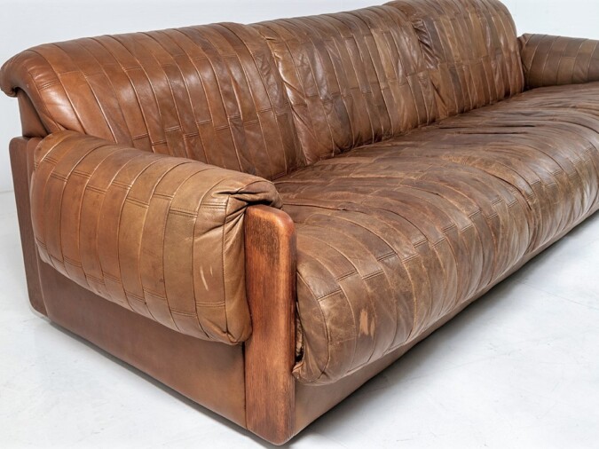 Superb Quality 1970s Mid Century Scandinavian Patchwork Brown Leather Sofa | Long 3 Seater