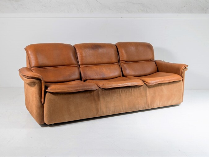 1970s De Sede DS12 model Brown Tan Cognac Leather and Suede 3 seater sofa | 3 Person