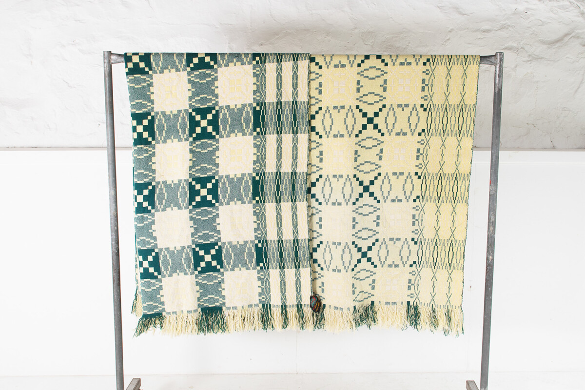 1960s Vintage Pure Welsh Wool Tapestry Blanket - Lemon & Green