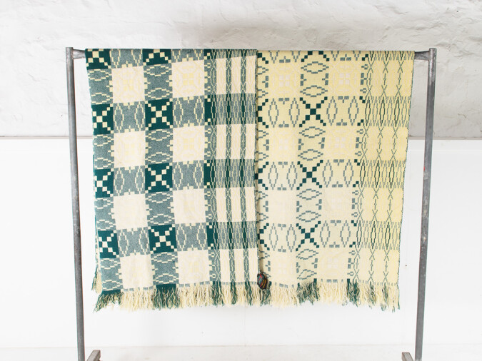 1960s Vintage Pure Welsh Wool Tapestry Blanket - Lemon & Green