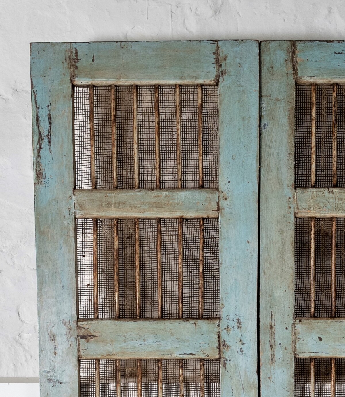A decorative pair of very old solid teak French Chateau shutter mesh doors with original ironmongery - Image 8