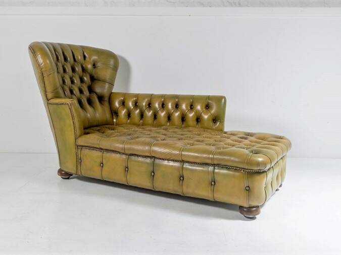 A wonderful Victorian Green Leather Chesterfield Deep Button high back Daybed Chaise