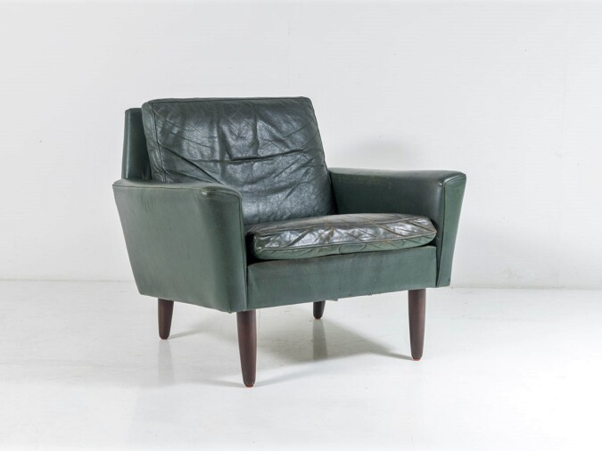 1960s Mid Century Danish Dark Green Leather Armchair | Lovely Worn Patina Chair