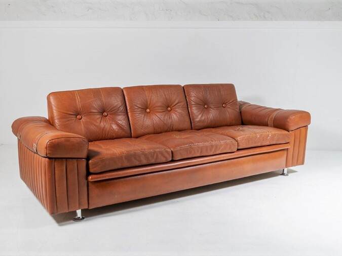 1970s Danish Tan Cognac Leather three Seater Sofa | Mid Century Svend Skipper | 3 person