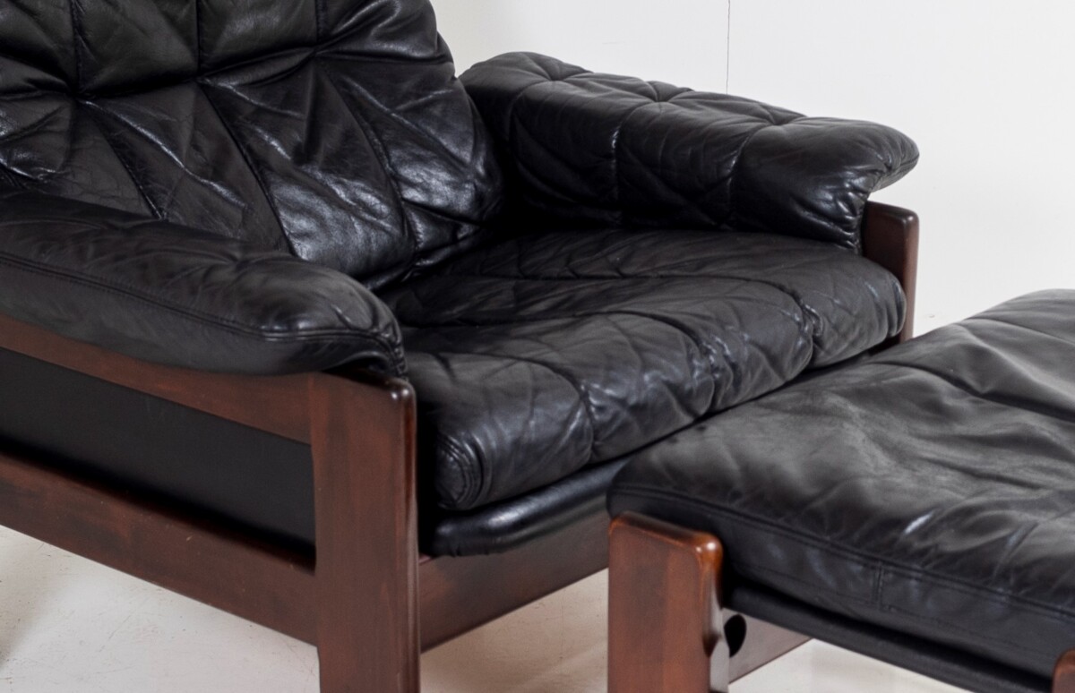 1970s Mid Century Danish Teak Rosewood and Black Leather Skipper Mobler Armchair and footstool - Image 14