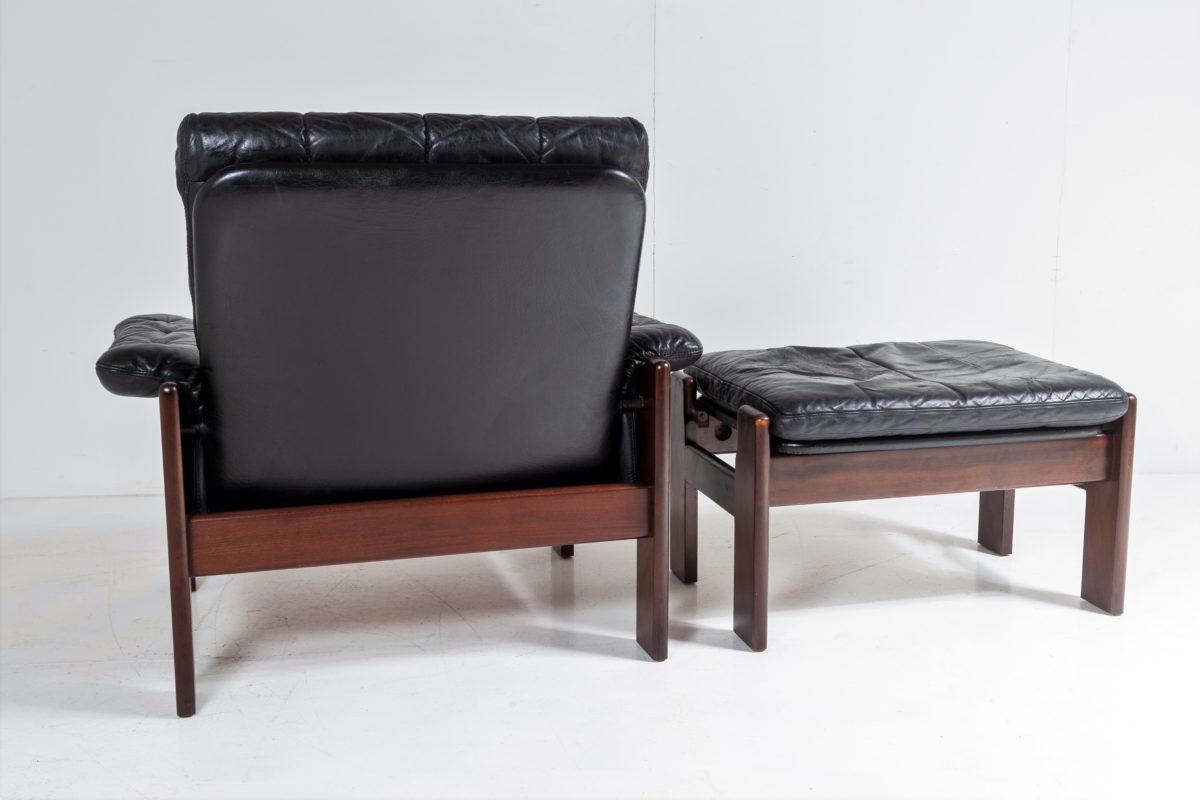 1970s Mid Century Danish Teak Rosewood and Black Leather Skipper Mobler Armchair and footstool - Image 15