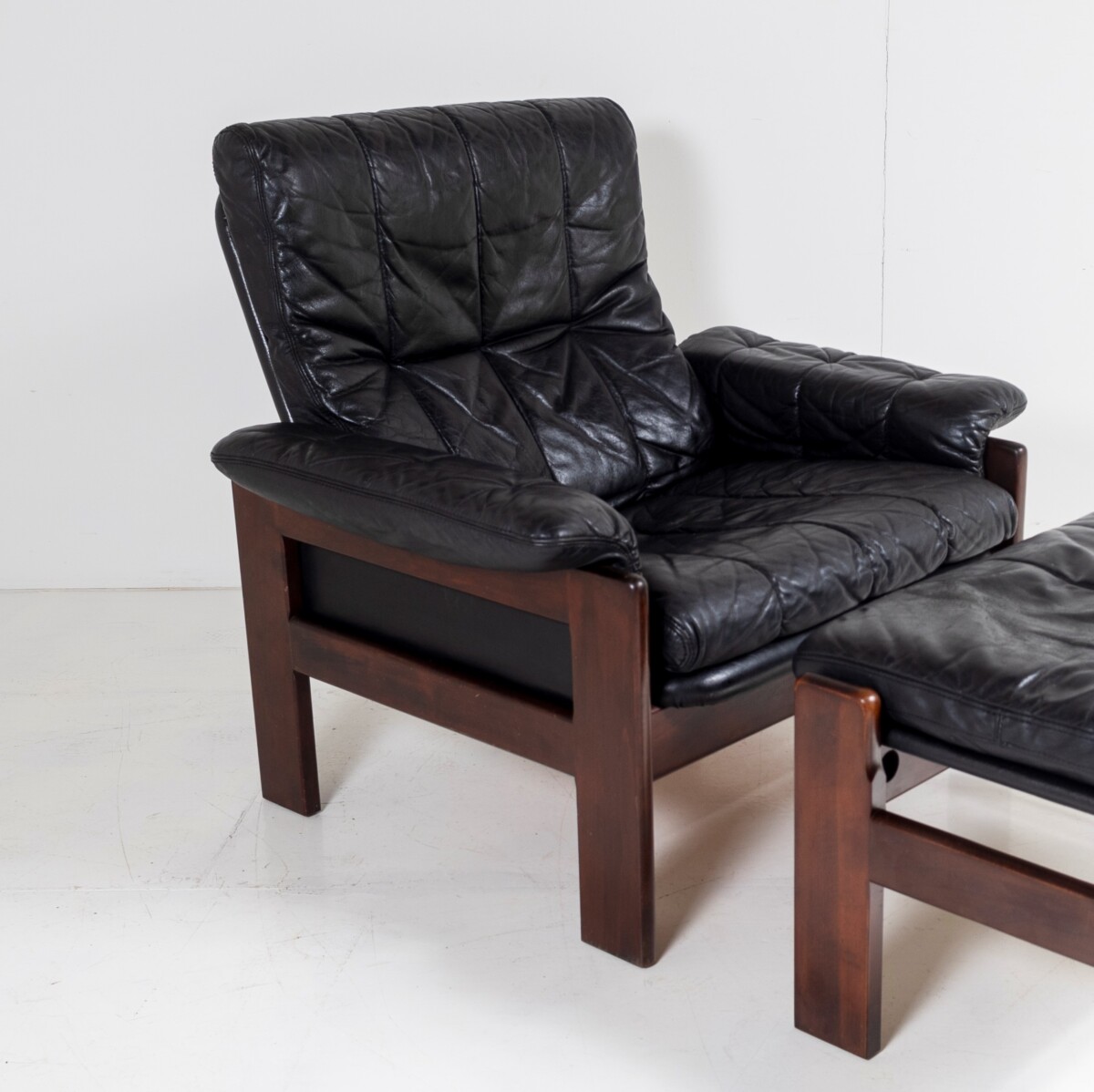 1970s Mid Century Danish Teak Rosewood and Black Leather Skipper Mobler Armchair and footstool - Image 7
