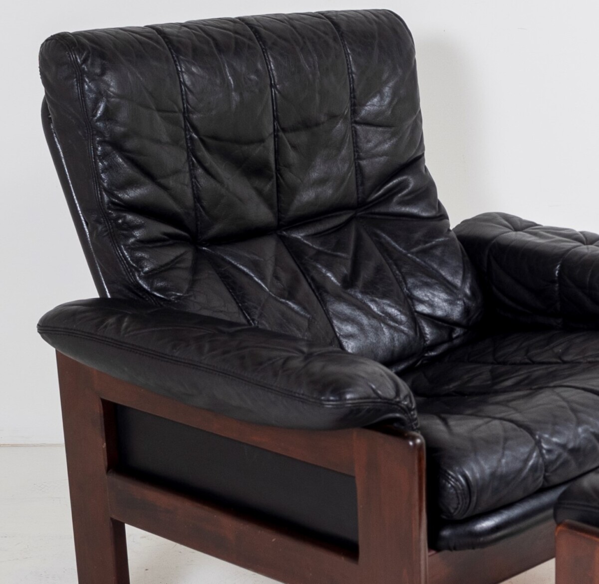 1970s Mid Century Danish Teak Rosewood and Black Leather Skipper Mobler Armchair and footstool - Image 6