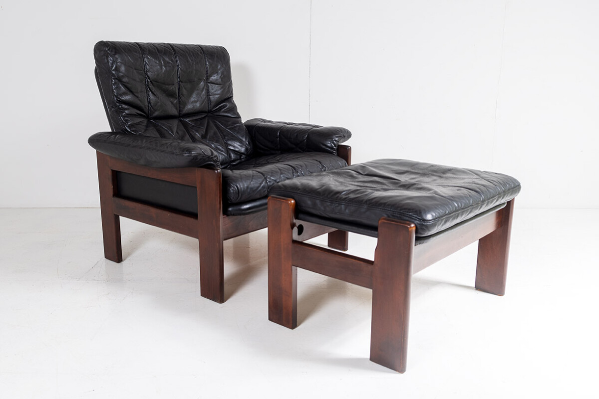 1970s Mid Century Danish Teak Rosewood and Black Leather Skipper Mobler Armchair and footstool