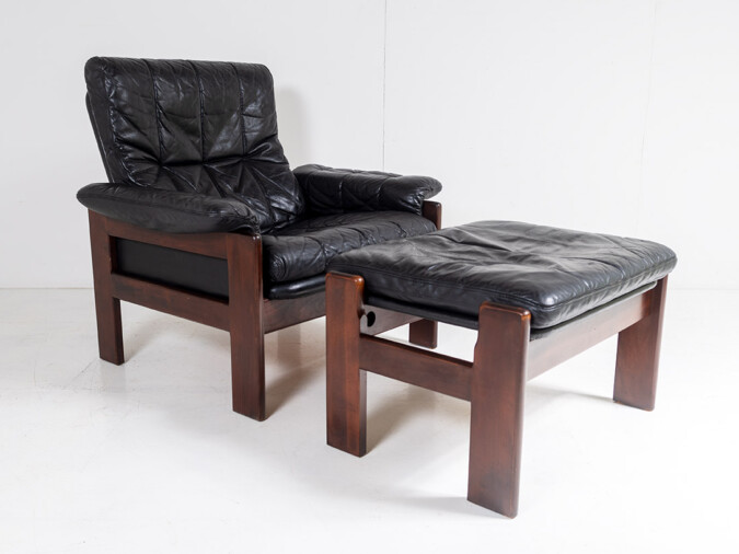 1970s Mid Century Danish Teak Rosewood and Black Leather Skipper Mobler Armchair and footstool