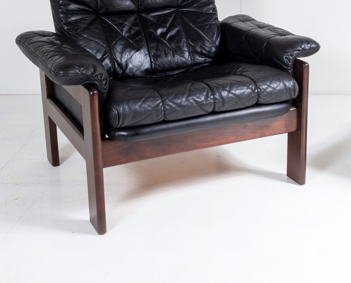 1970s Mid Century Danish Teak Rosewood and Black Leather Skipper Mobler Armchair and footstool - Image 13