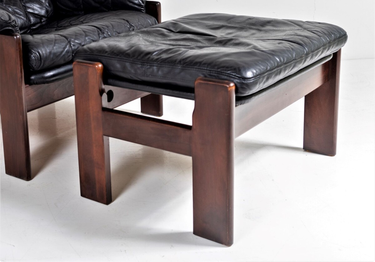 1970s Mid Century Danish Teak Rosewood and Black Leather Skipper Mobler Armchair and footstool - Image 3