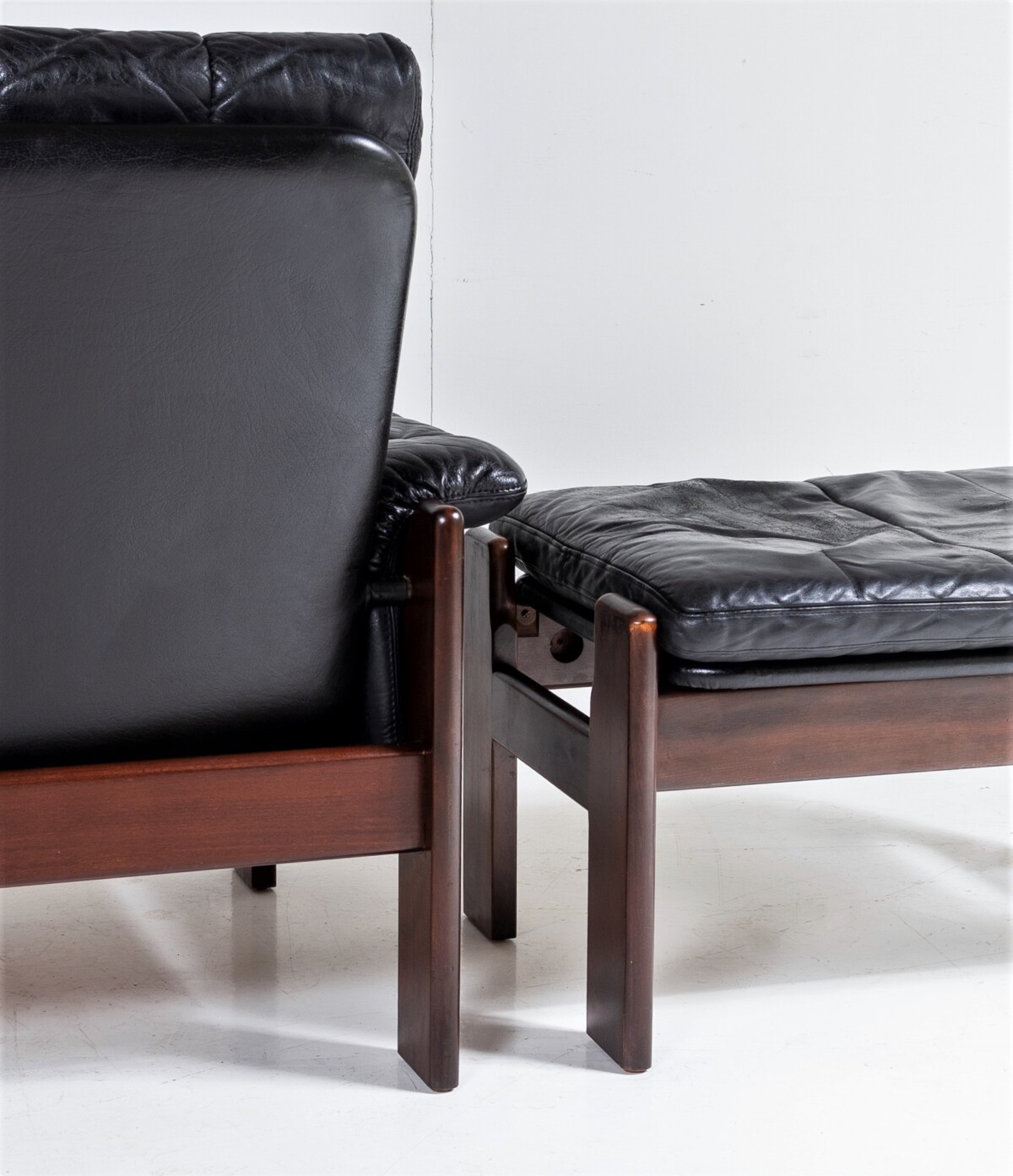 1970s Mid Century Danish Teak Rosewood and Black Leather Skipper Mobler Armchair and footstool - Image 8