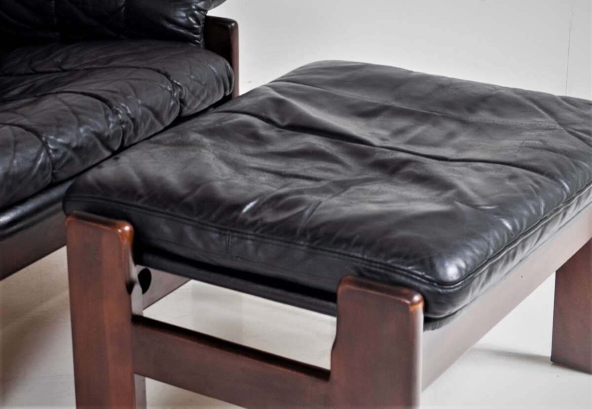 1970s Mid Century Danish Teak Rosewood and Black Leather Skipper Mobler Armchair and footstool - Image 16