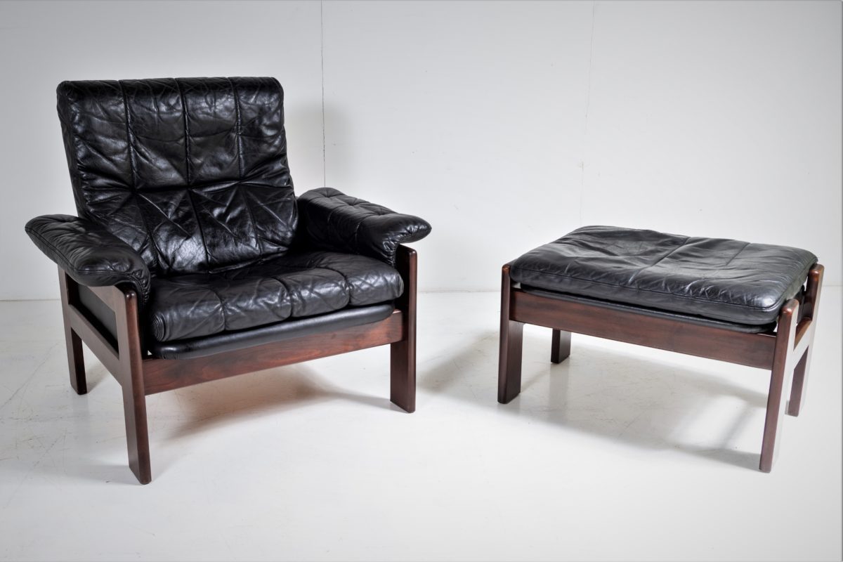 1970s Mid Century Danish Teak Rosewood and Black Leather Skipper Mobler Armchair and footstool - Image 2