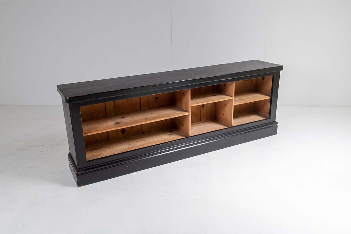 Long Low Panelled Ebonised Book Shelf Unit | Hall Shoe Storage Unit