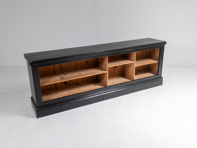 Long Low Panelled Ebonised Book Shelf Unit | Hall Shoe Storage Unit