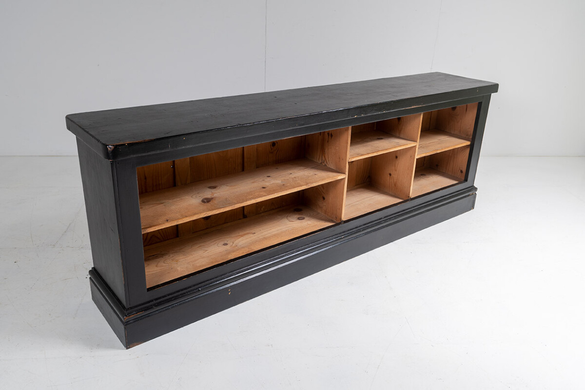 Long Low Panelled Ebonised Book Shelf Unit | Hall Shoe Storage Unit - Image 5