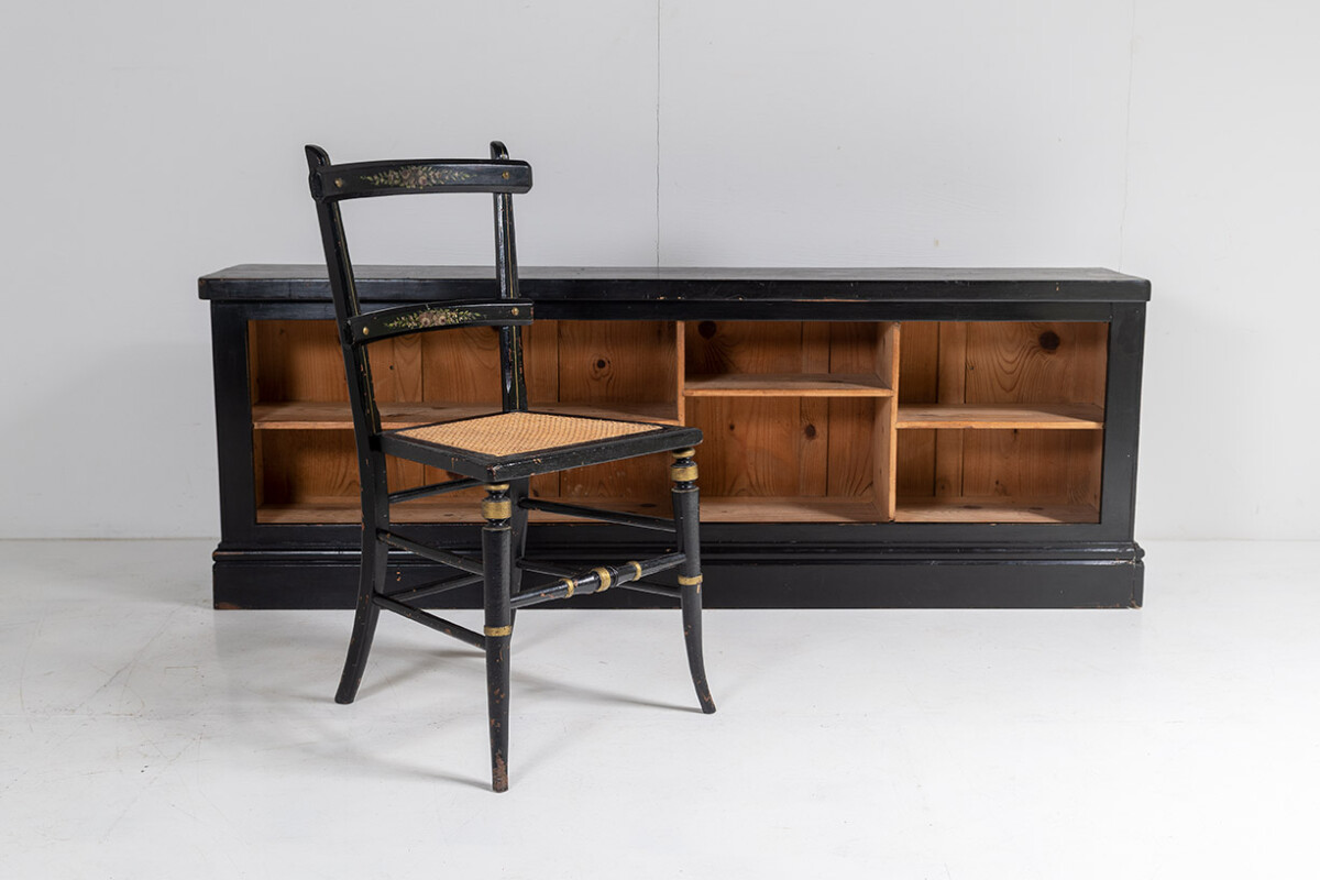 Long Low Panelled Ebonised Book Shelf Unit | Hall Shoe Storage Unit - Image 3