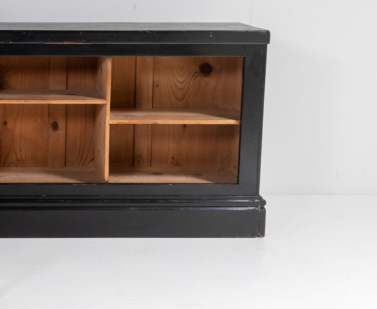Long Low Panelled Ebonised Book Shelf Unit | Hall Shoe Storage Unit - Image 11