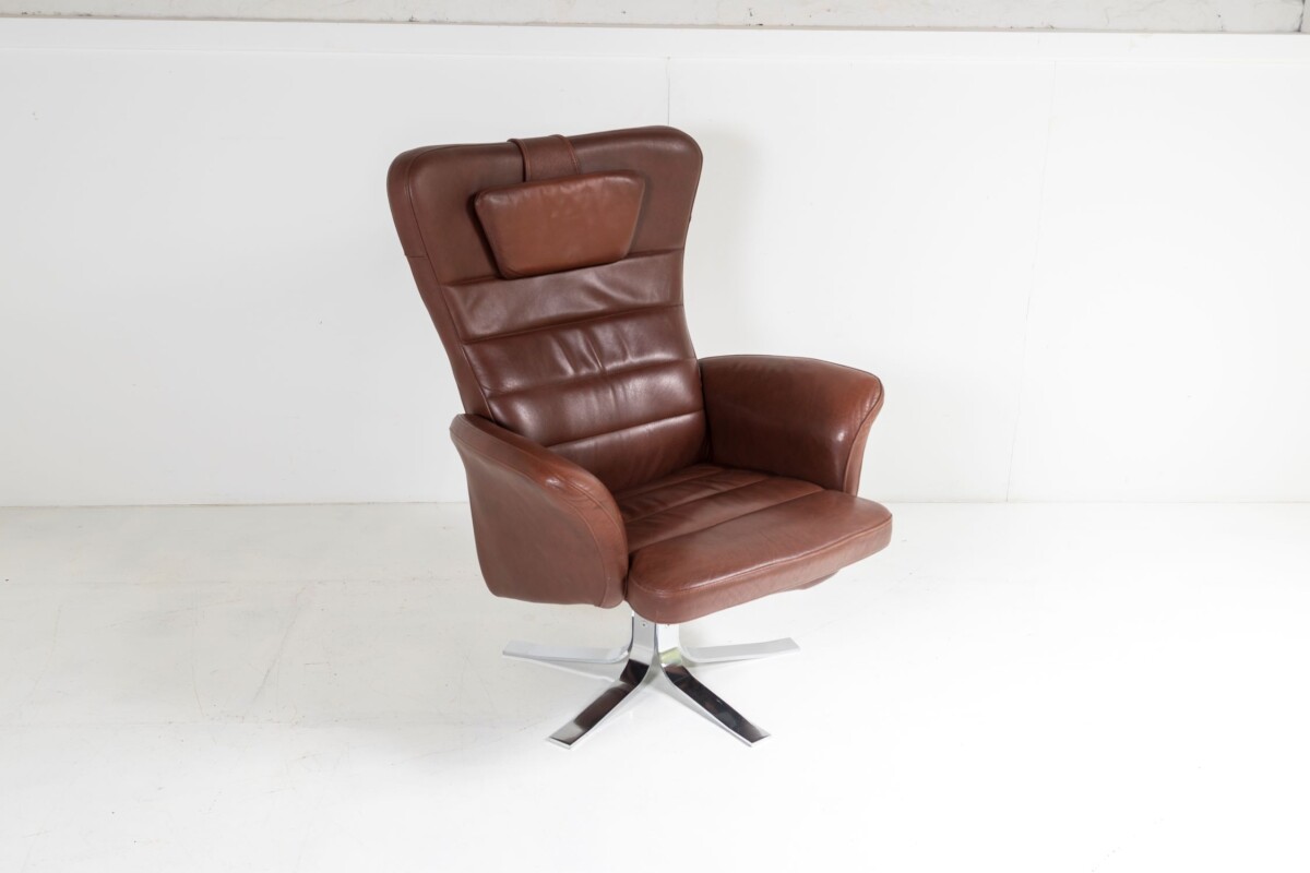 Mid-Century Danish Cognac Brown Leather Swivel Reclining Chair on Chrome Base - Image 11