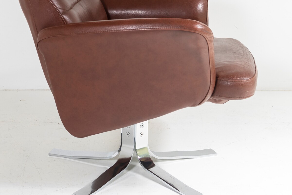Mid-Century Danish Cognac Brown Leather Swivel Reclining Chair on Chrome Base - Image 13