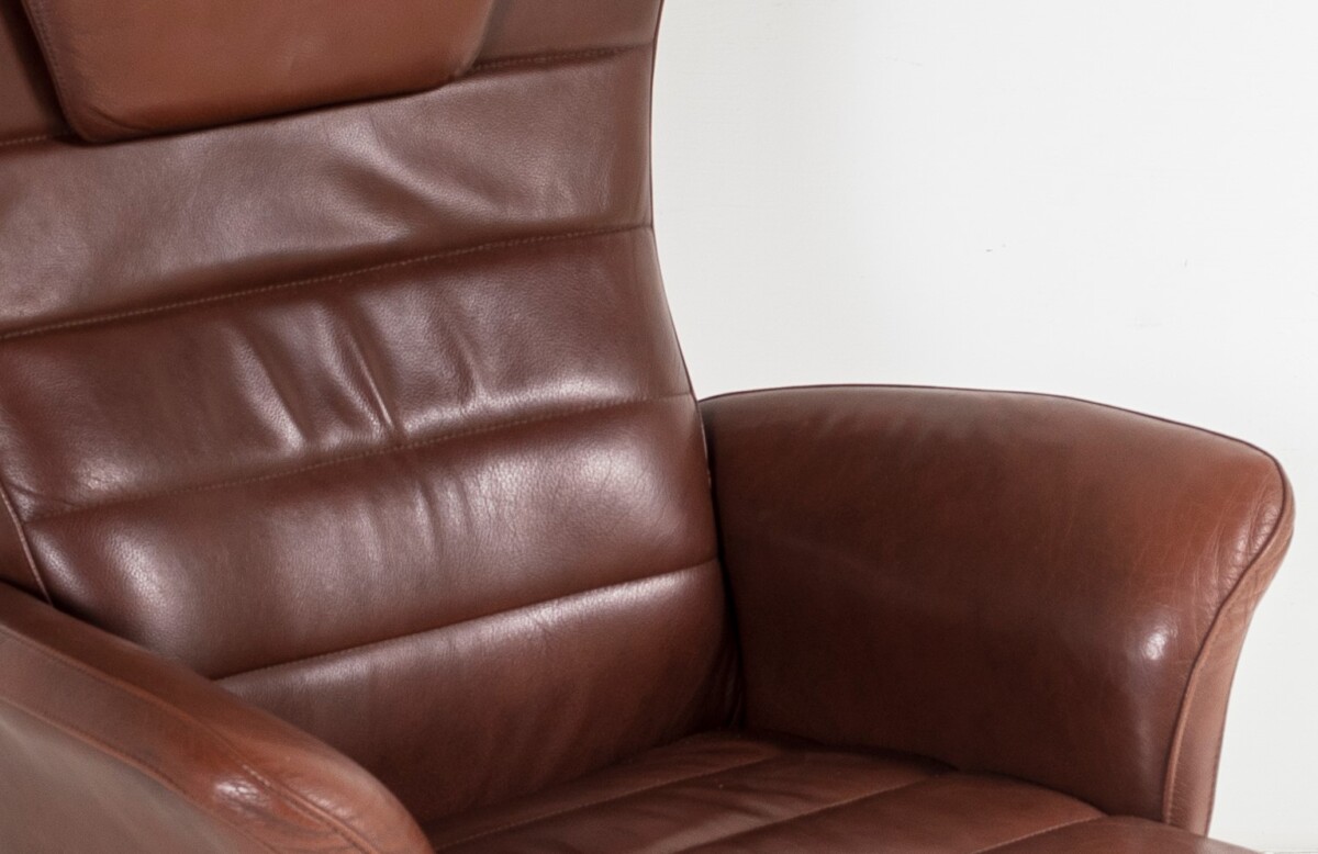 Mid-Century Danish Cognac Brown Leather Swivel Reclining Chair on Chrome Base - Image 7