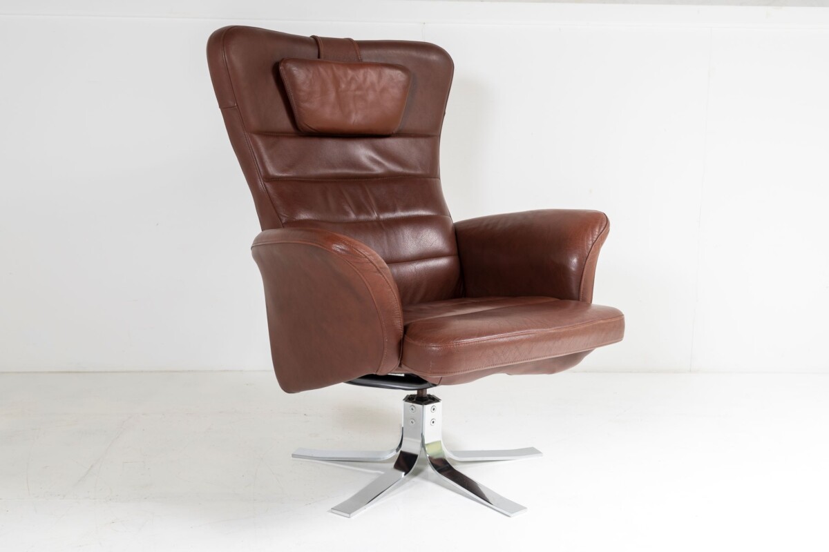 Mid-Century Danish Cognac Brown Leather Swivel Reclining Chair on Chrome Base