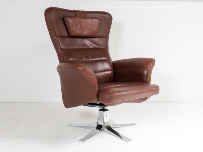 Mid-Century Danish Cognac Brown Leather Swivel Reclining Chair on Chrome Base