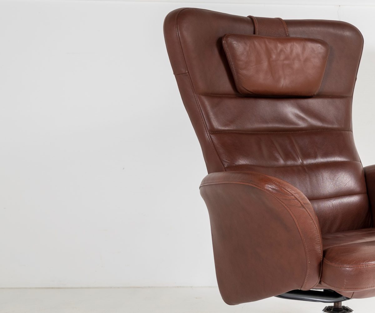 Mid-Century Danish Cognac Brown Leather Swivel Reclining Chair on Chrome Base - Image 16