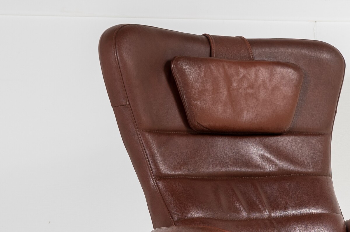 Mid-Century Danish Cognac Brown Leather Swivel Reclining Chair on Chrome Base - Image 14