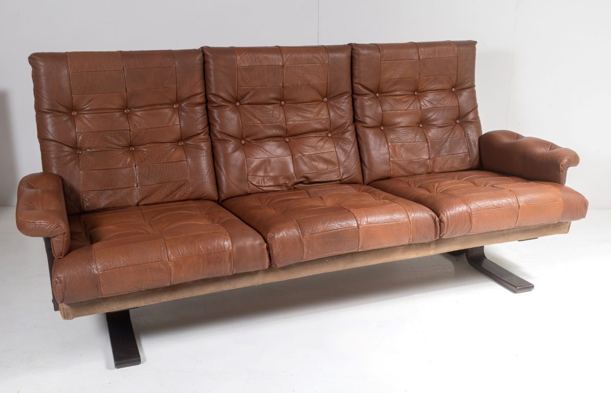1970s Scandinavian Mid-Century Brown Patchwork Leather and Suede 3 Seater Sofa - Image 4