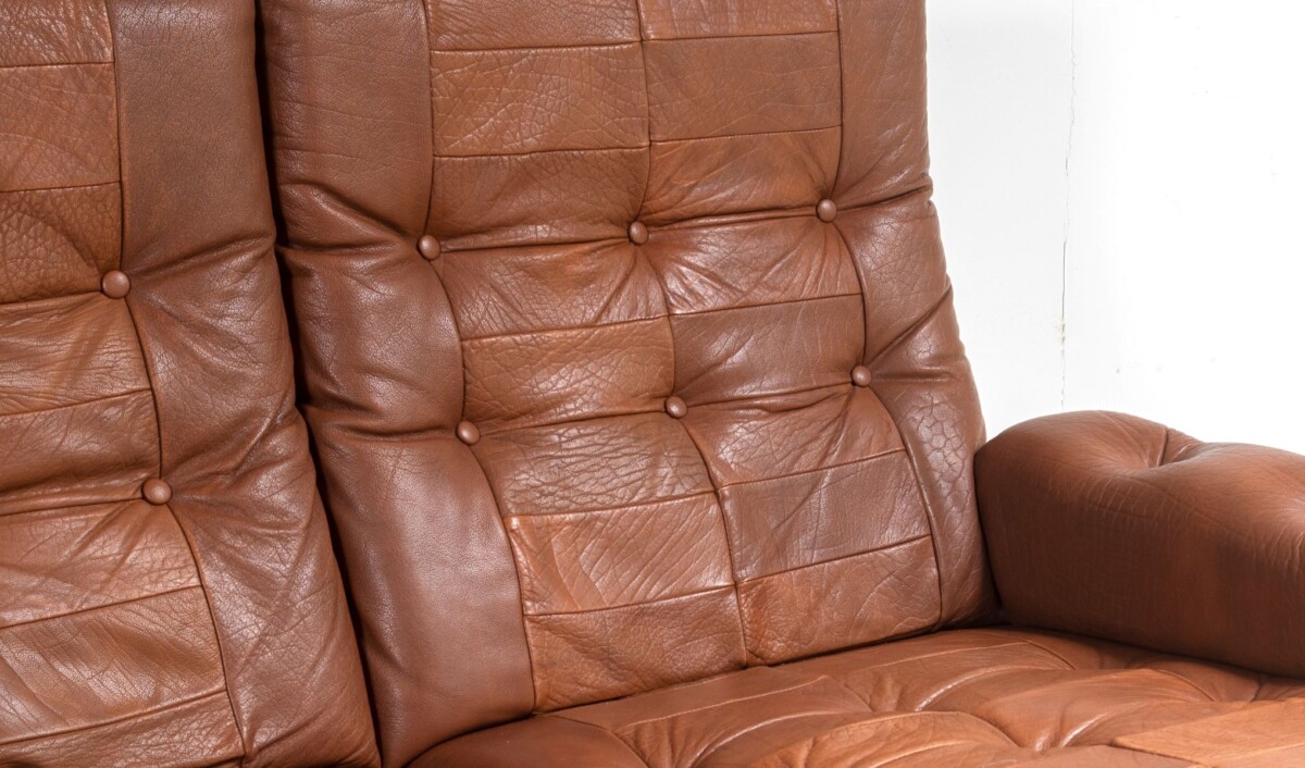 1970s Scandinavian Mid-Century Brown Patchwork Leather and Suede 3 Seater Sofa - Image 3